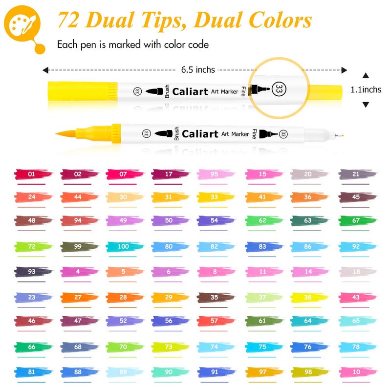 Caliart 72 Colors Double Tip Brush Pens Art Markers, Artist Fine & Brush Pen Coloring Markers for Adult Book Cards Drawing Craft Kit Teacher Office Supplies - Image 2